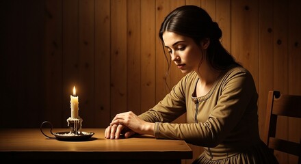Yom Kippur observance with thoughtful woman near candle, arms crossed, seated at table. Yom Kippur fast day of reflection,