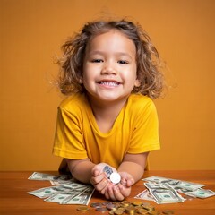 Smiling hispanic child with curly hair holding coins surrounded by dollar bills on table