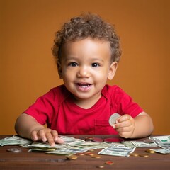 Smiling child counting money: young african male with cash and coins