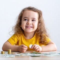 Joyful caucasian child counting coins at home