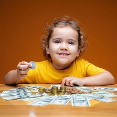 Young caucasian child playing with coins and cash on table