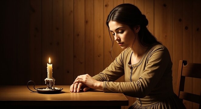 Yom Kippur observance with thoughtful woman near candle, arms crossed, seated at table. Yom Kippur fast day of reflection,