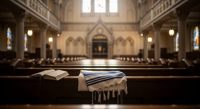 Yom Kippur synagogue service with prayer book and tallit rests on pew inside synagogue. Yom Kippur synagogue service creates an atmosphere of reverence during the holy day of atonement,