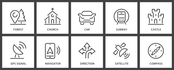 Icons space collection Mega icons, Forest, Church, Car, Subway, Castle, Direction