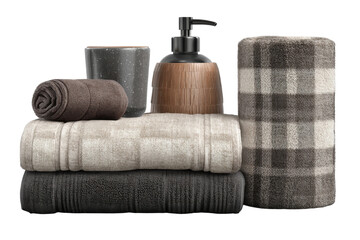 Top view of essential home spa products for a relaxing bathroom. Isolated on transparent background, png.