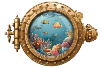 Underwater adventure colorful coral reef viewed through porthole. Isolated on transparent background, png.