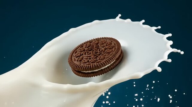 Oreo cookie splashing into milk with blue background
