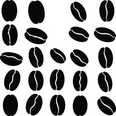 Black Coffee Bean Silhouettes: Diverse Vector Icons of Roasted Coffee Beans, Perfect for Coffee Shops, Cafes, Food & Beverage Branding, and Menu Designs.