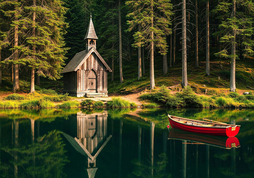 A small wooden chapel by a tranquil lake and red boad surrounded by pine trees.