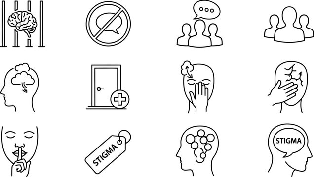 Mental health stigma awareness and support outline icons set