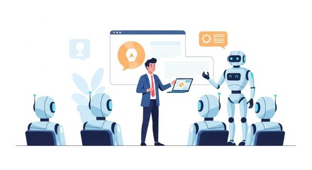 Human and robot interaction in business, showcasing the future of technological presentations and