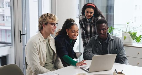 Collaboration, laptop and pointing with business people in office together for feedback or review. Computer, development and training with employee group at desk in workplace for planning or strategy