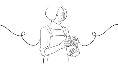 Girl in an apron and a pot with a plant in her hands, continious line drawing. Girl gardener with house plants outline. Vector illustration