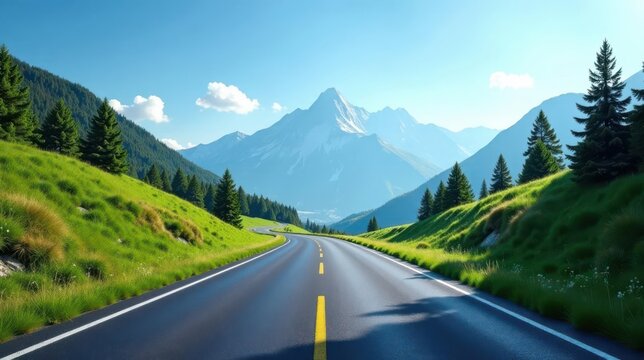 Asphalt road winding through a picturesque mountain valley, lush green meadows and majestic snow-capped peaks under a vibrant summer sky