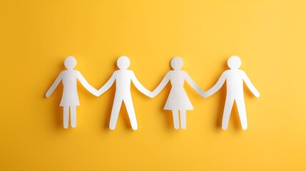 Symbolic paper chain of people holding hands on bright yellow background embodies unity and teamwork