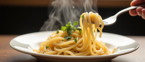 Delicious steaming pasta served on plate, garnished with fresh herbs, showcasing fork lifting portion