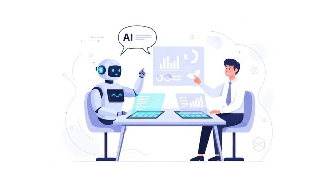 Illustrative depiction of artificial intelligence assisting human in data analysis and