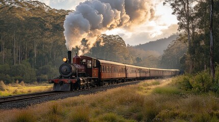 Fototapeta premium Vintage steam train traveling through lush forest landscape