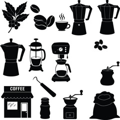 A Diverse Collection of Premium Black Coffee Icons and Essential Brewing Equipment Silhouettes, Ideal for Cafe Branding, Digital Interfaces, and Culinary Projects, Capturing the Essence of Coffee.
