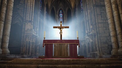Glowing cross on altar in old church - Powered by Adobe
