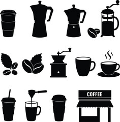 A Comprehensive Collection of Stylish Black Coffee Icons and Essential Brewing Equipment Silhouettes, Perfect for Cafe Menus, Digital Designs, and Marketing Materials, Celebrating the Art of Coffee.