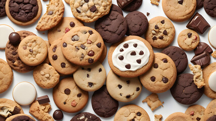 Obraz premium Assorted gourmet cookies including chocolate chip, double chocolate, white chocolate, and iced varieties arranged on clean white background
