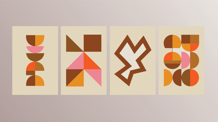 Four Geometric Design Posters Featuring Abstract Shapes, Circles, Triangles, and a Zigzag Pattern