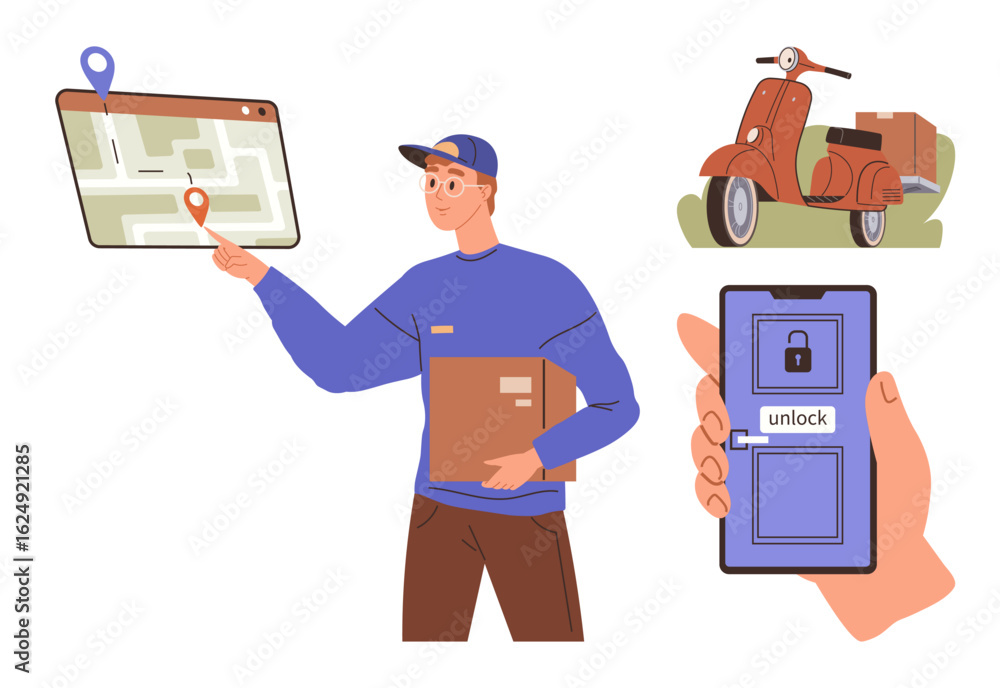 Poster delivery person pointing to a digital map, holding a package. smart device unlocking scooter. ideal 