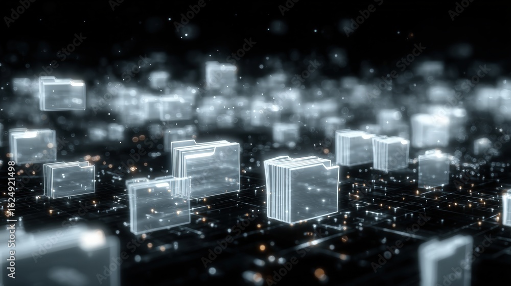 Poster abstract network grid with files and folders, futuristic software interface, digital document manage