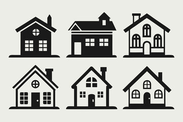 Fototapeta premium Collection of six simple black house icons with various architectural styles
