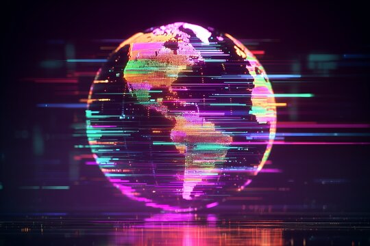Global digital network with vibrant data streams connecting continents in a modern futuristic design