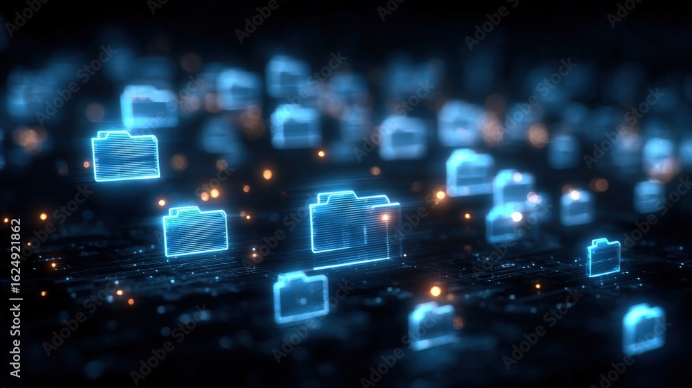 Poster abstract network grid with files and folders, futuristic software interface, digital document manage