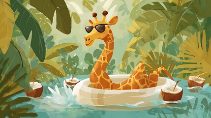 Giraffe relaxes on pool float in tropical jungle setting. Artwork. Perfect for marketing, web use, and design projects.