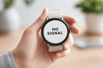Hand holding modern smartwatch displaying the message no signal in a bright, clean setting