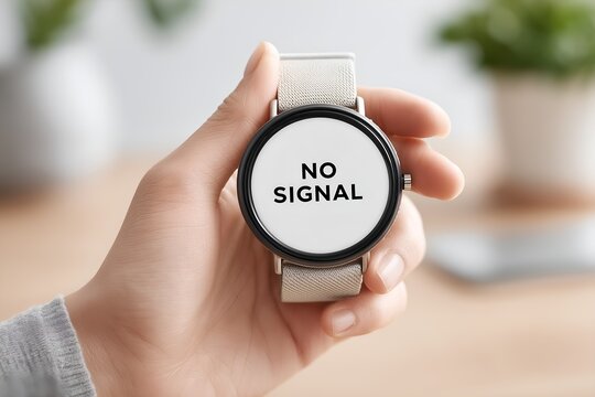 Hand holding modern smartwatch displaying the message no signal in a bright, clean setting