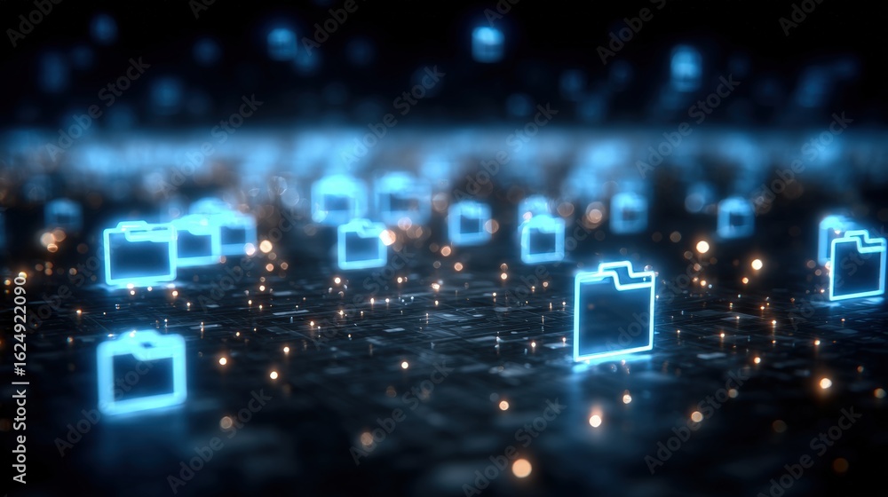 Poster abstract network grid with files and folders, futuristic software interface, digital document manage