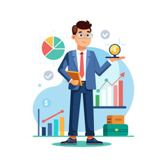 Confident Boss Analyzing Company Financial Performance with Charts and Data – Vector Illustration for Business Strategy, Profit, and Management Insights