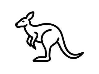 Simple black line drawing of a kangaroo in motion. A clean, minimalist black line illustration of a kangaroo in a dynamic leaping pose against a pure white background.