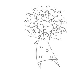 Cute cartoon dreamy romantic girl with curly hair, pencil sketch, minimalism, isolate on white