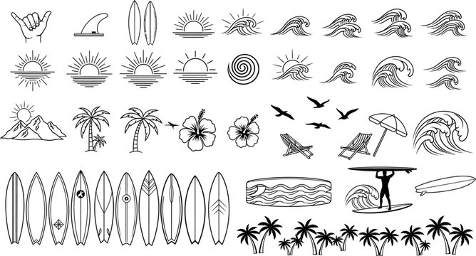 Collection of hand drawn surf and beach elements in black and white