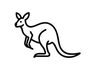 Simple black line drawing of a kangaroo in motion. A clean, minimalist black line illustration of a kangaroo in a dynamic leaping pose against a pure white background.