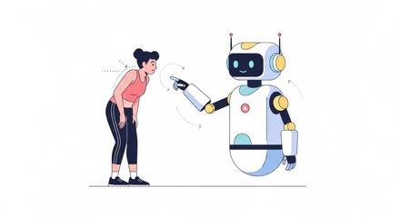 Robot instructor guiding fitness enthusiast through exercise correction and encouragement