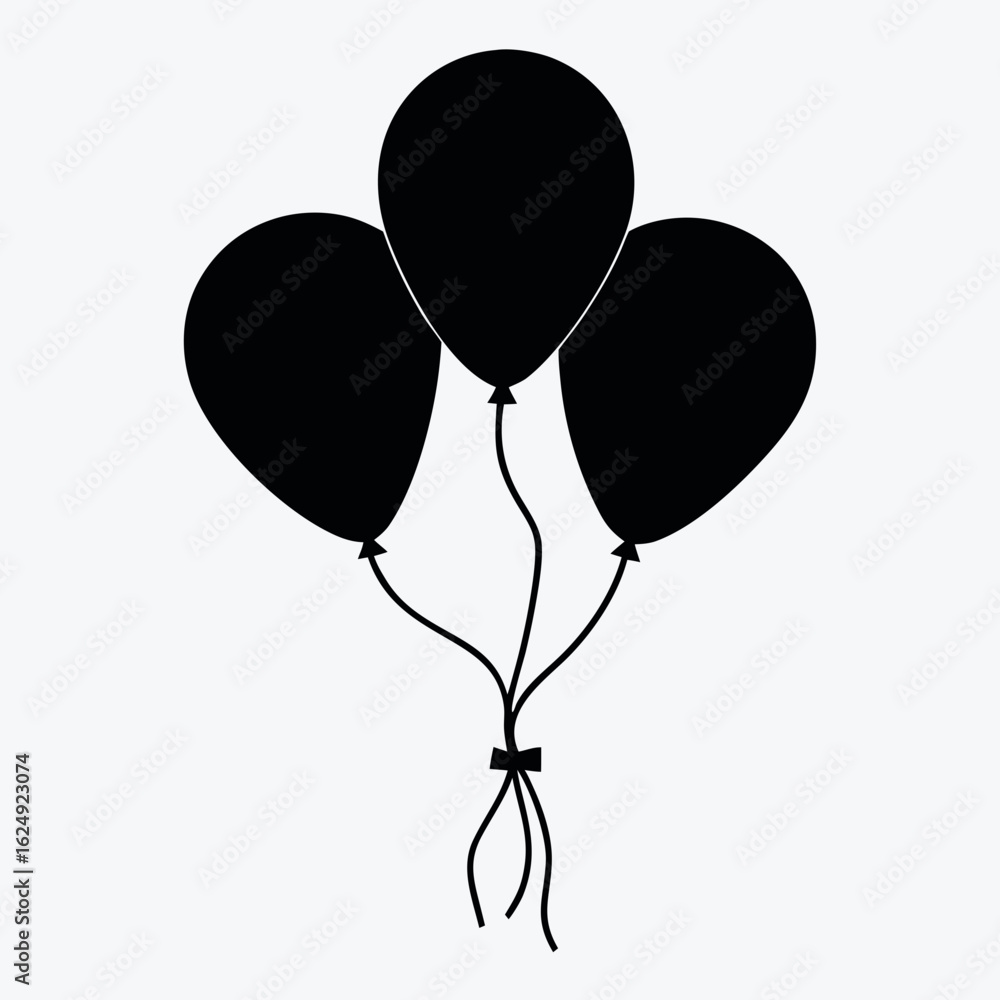 Poster three black balloons tied together with strings and a bow on a white background