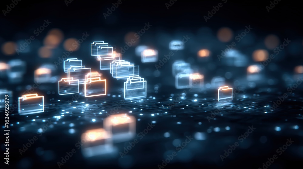 Poster abstract network grid with files and folders, futuristic software interface, digital document manage