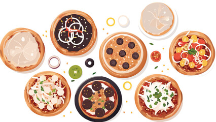 Overhead view of an assortment of mini pizzas with various toppings spread across a white background surface