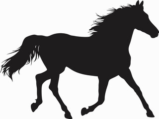 Majestic black silhouette of a galloping horse with flowing mane and tail on white background