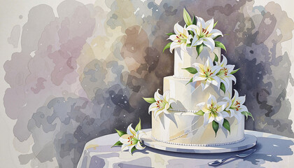 Elegant wedding cake with white lilies on a pastel background