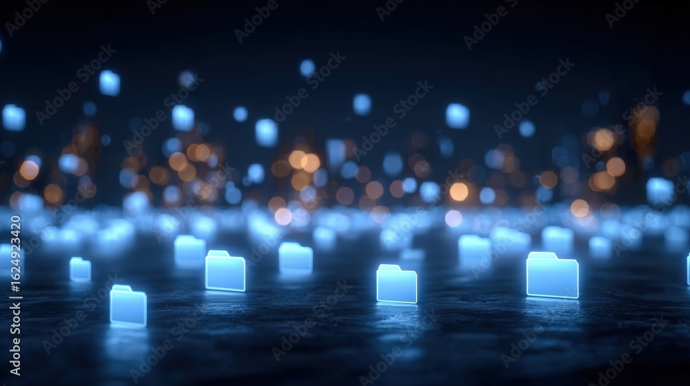 Poster abstract network grid with files and folders, futuristic software interface, digital document manage