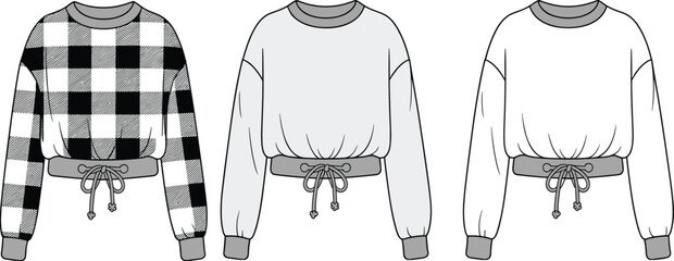 Cropped Sweater Fashion Flat Sketch Template, Long Sleeve Dropped Shoulder Sweatshirt Technical Drawing Vector, Stylish Casual Outfit For Women And Teens