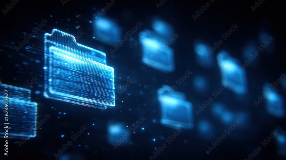 Poster abstract network grid with files and folders, futuristic software interface, digital document manage
